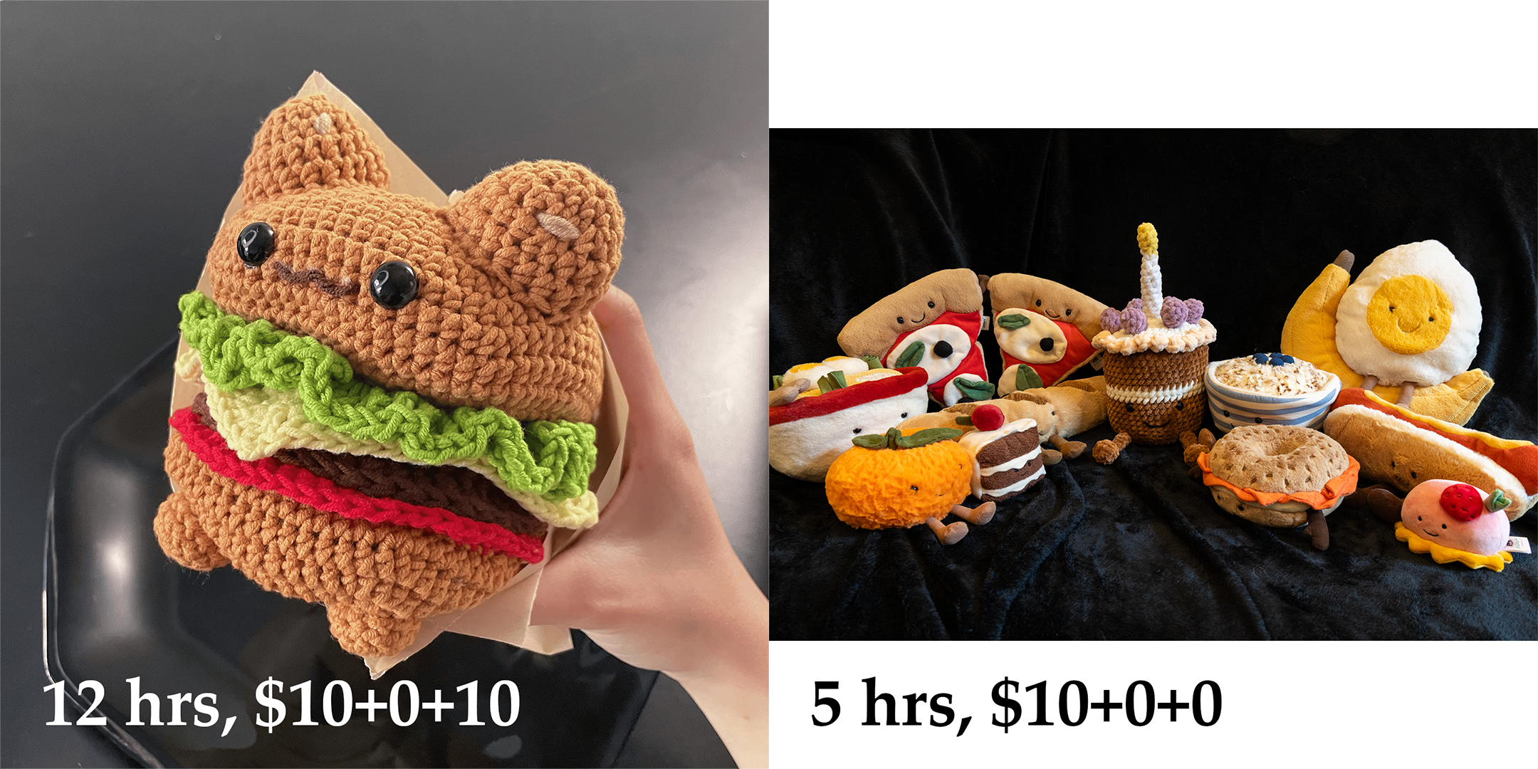 left: crochet cat burger; right: crochet jellycat cake among other jellycat plushies