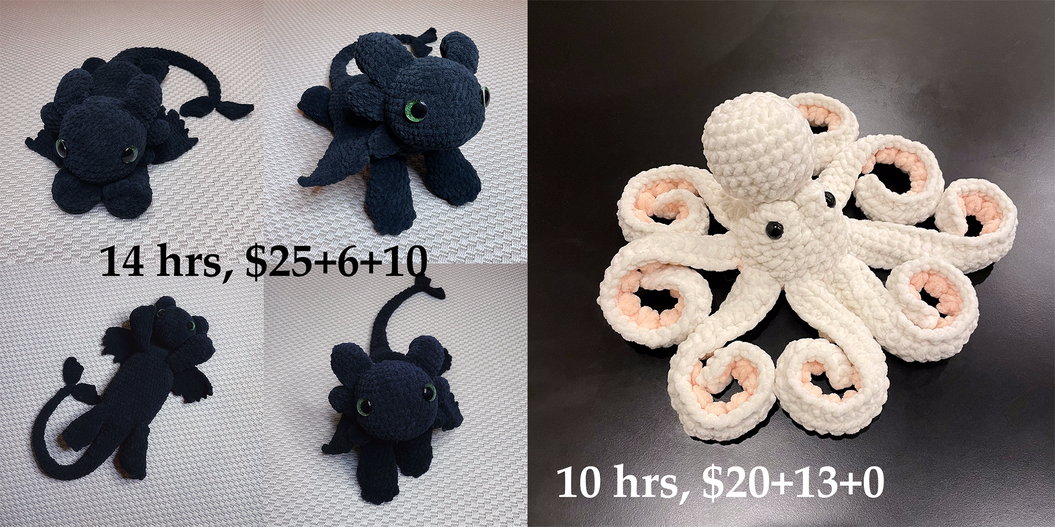 left: crochet toothless the dragon; right: realistic-looking white crochet octopus