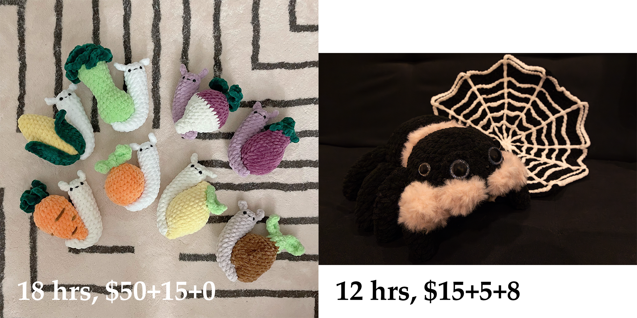 left: eight crochet snails with fruit and vegetable shells; right: black spider with fluffy pink fur and a web