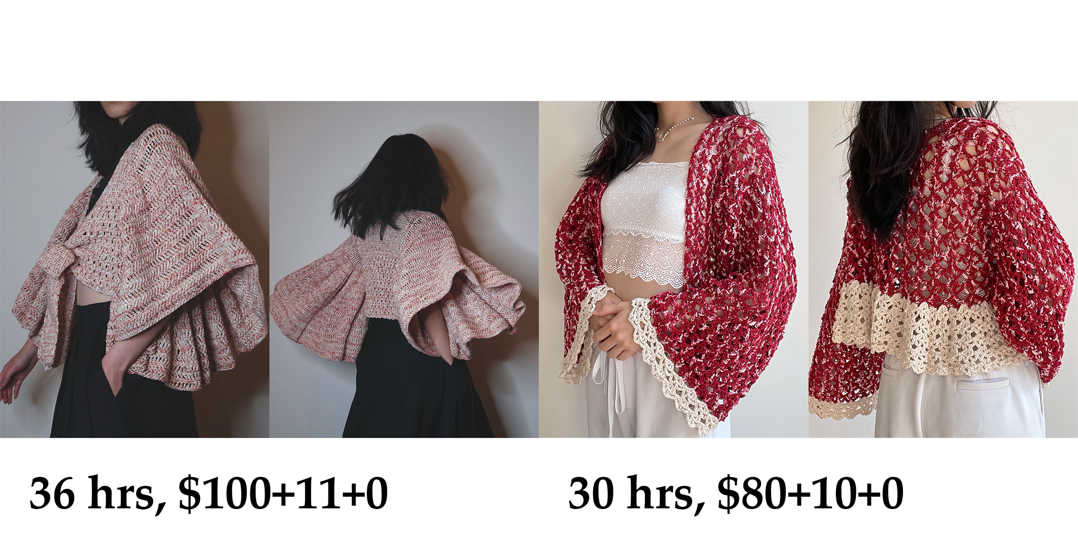 left: pale pink crochet vest with large sleeves; right: kimono style red and white crochet top