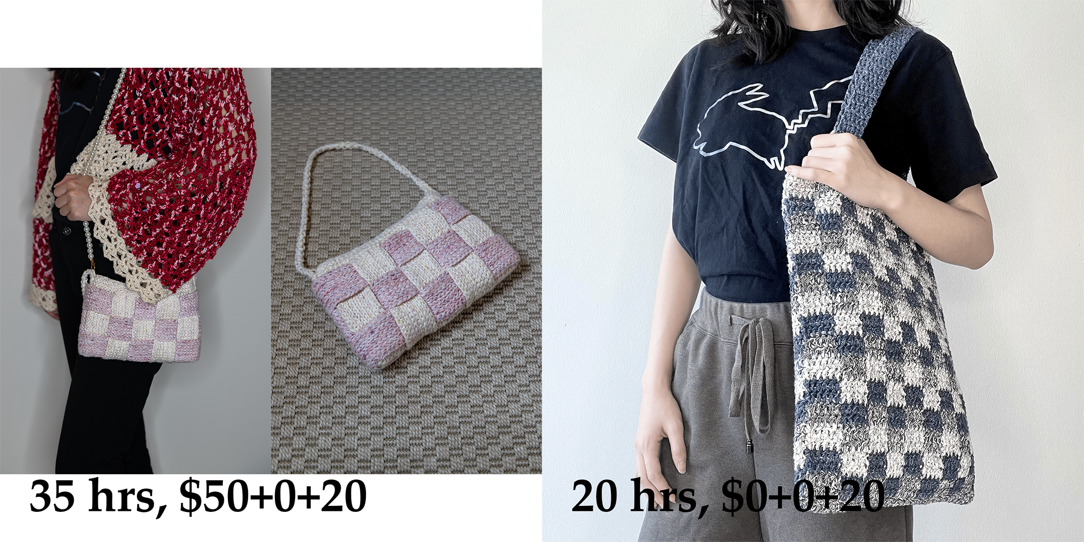 left: pale pink and white checkered crochet handbag; right: blue and white checkered crochet tote bag