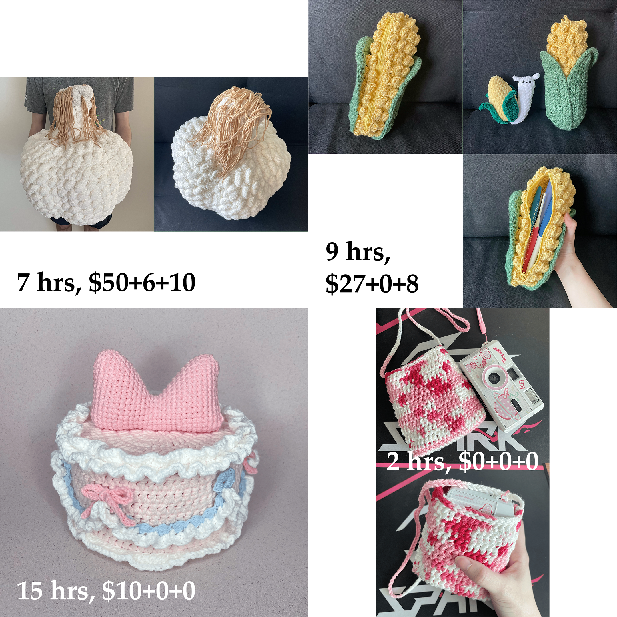 top left: big crochet garlic pillow; top right: crochet corn pencil case, holding crochet hooks; bottom left: crochet birthday cake box; bottom right: crochet camera bag holding a small film camera