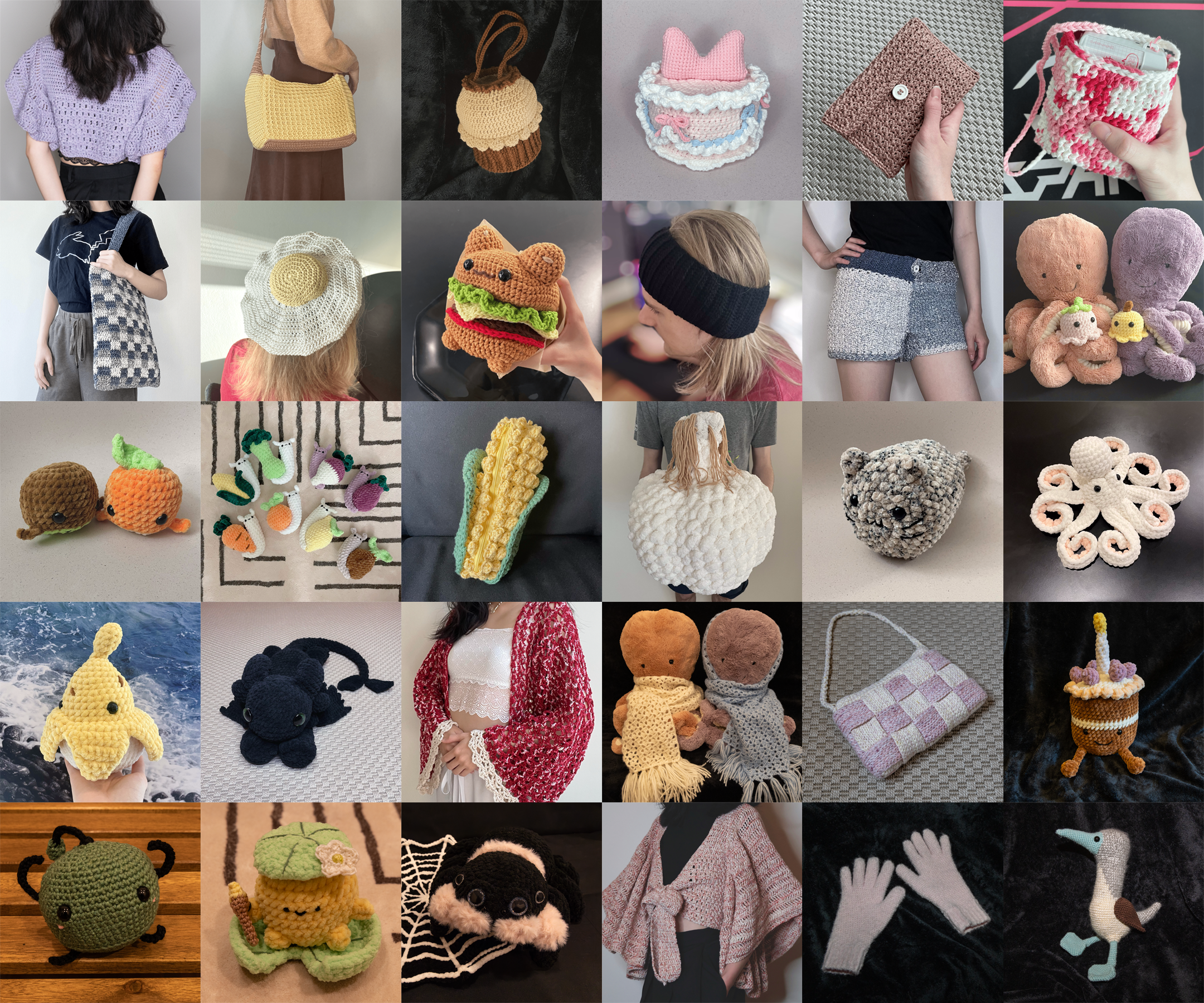 a 5x6 grid showcasing 30 crochet items