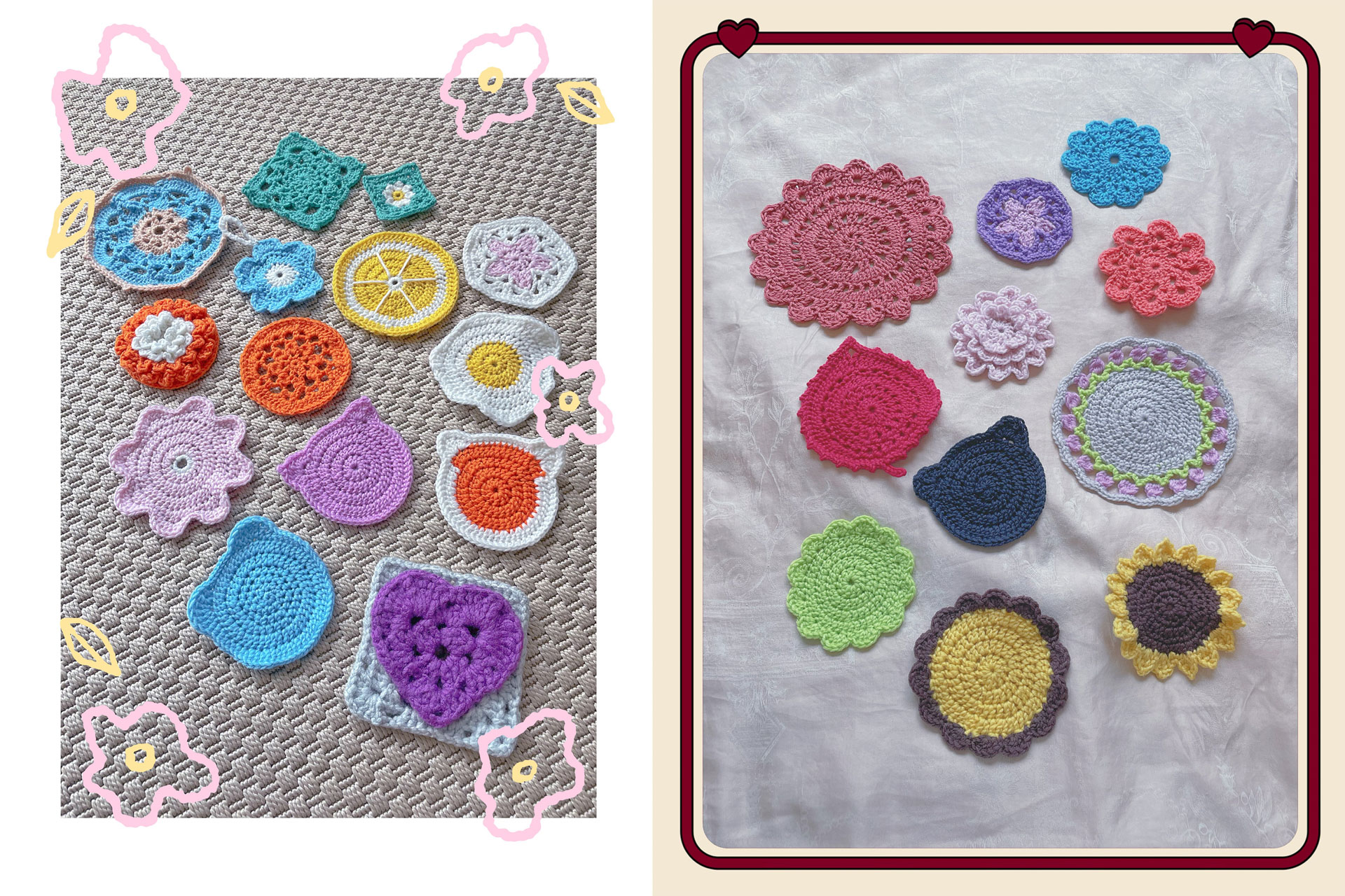 an assortment of crochet coasters, in various style and color