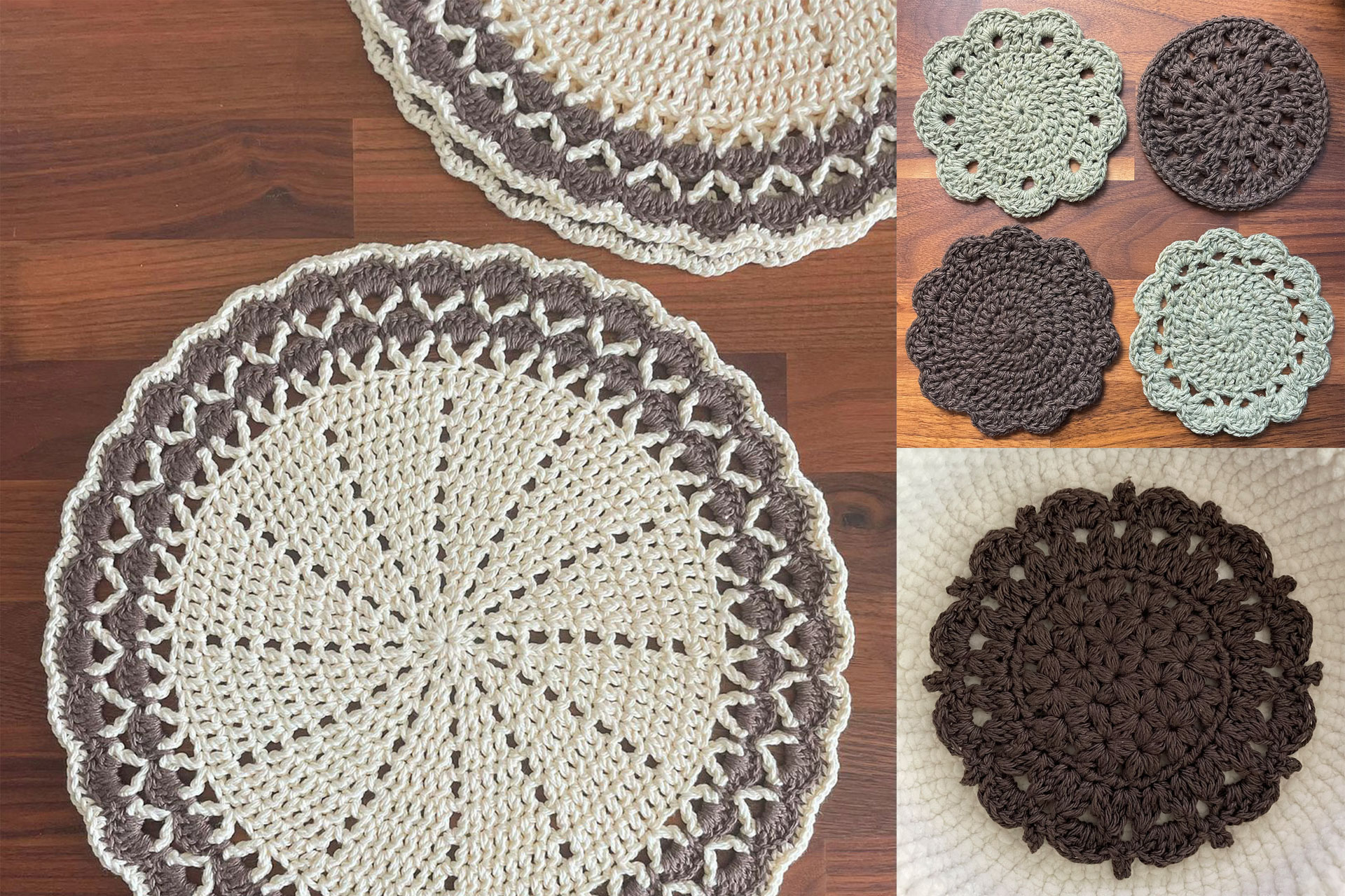 a set of large beige and brown placemats, and an assortment of smaller coasters
