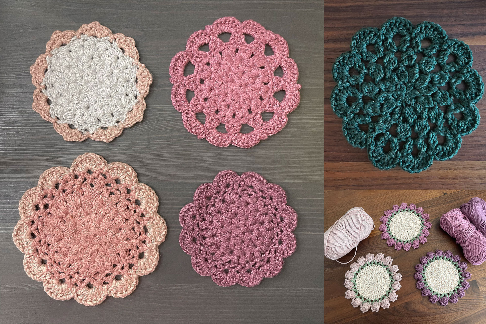 an assortment of smaller coasters, including four variations of jasmine stitch coasters