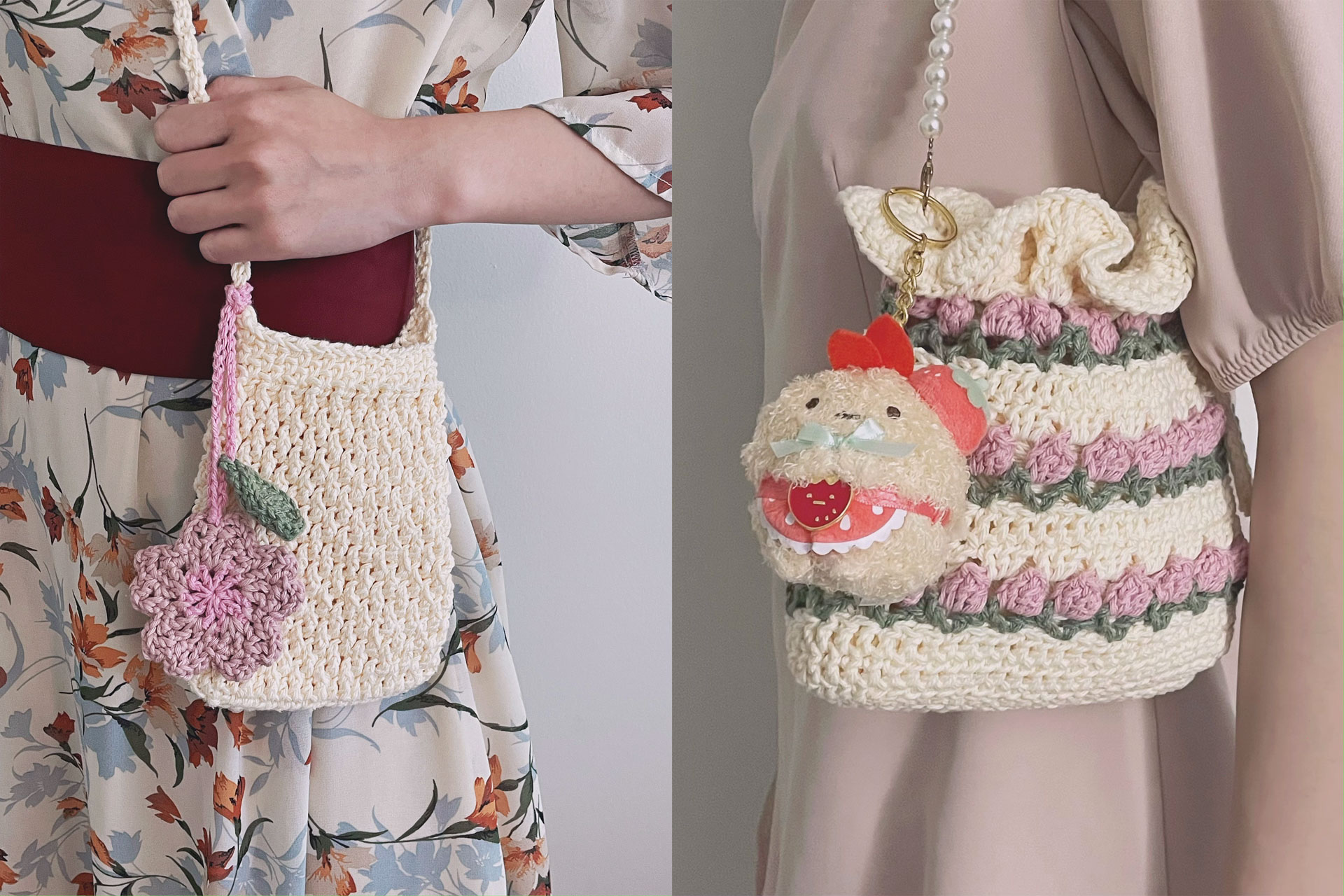 on the left: a beige alpine stitch shoulder bag with a sakura bag charm; on the right: a pink tulip stitch shoulder bag